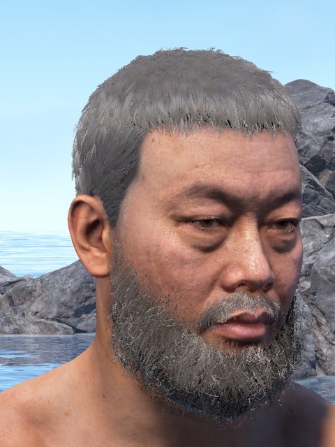 asian male, crew cut, full beard