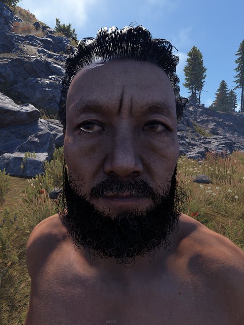 asian male, bun, full beard